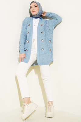 Çiçek Nakışlı Örgü Triko Hırka İndigo - Hırka