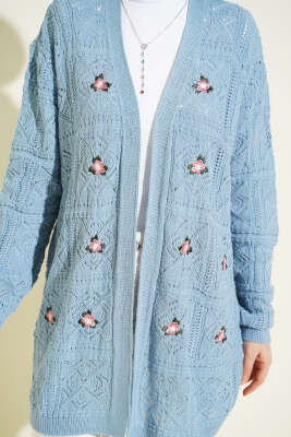 Çiçek Nakışlı Örgü Triko Hırka İndigo - Hırka