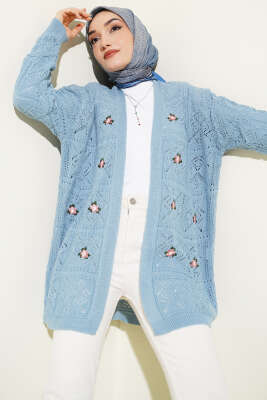 Çiçek Nakışlı Örgü Triko Hırka İndigo 