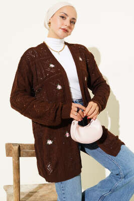 Çiçek Nakışlı Örgü Triko Hırka Kahve - Hırka