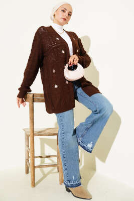 Çiçek Nakışlı Örgü Triko Hırka Kahve - Hırka