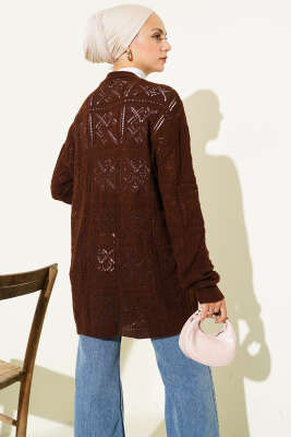 Çiçek Nakışlı Örgü Triko Hırka Kahve - Hırka