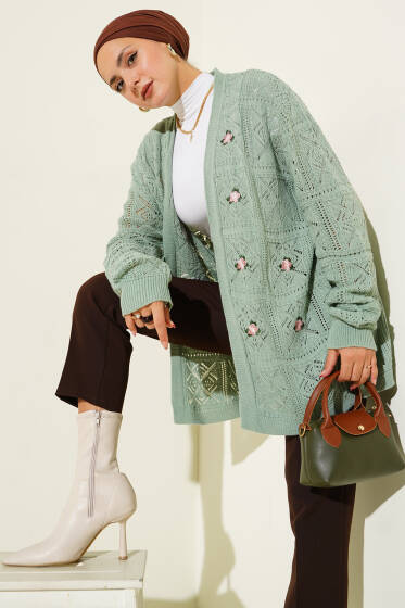 Çiçek Nakışlı Örgü Triko Hırka Mint - Hırka