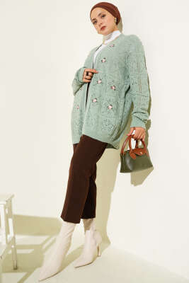 Çiçek Nakışlı Örgü Triko Hırka Mint - Hırka