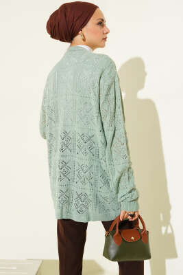 Çiçek Nakışlı Örgü Triko Hırka Mint - Hırka