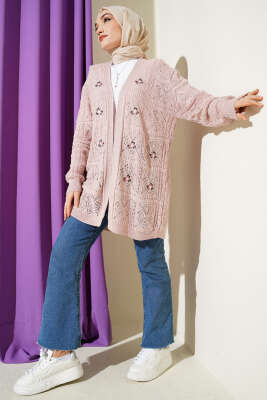Çiçek Nakışlı Örgü Triko Hırka Pudra - Hırka
