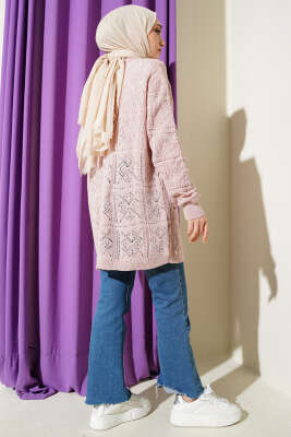 Çiçek Nakışlı Örgü Triko Hırka Pudra - Hırka