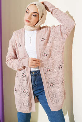 Çiçek Nakışlı Örgü Triko Hırka Pudra 