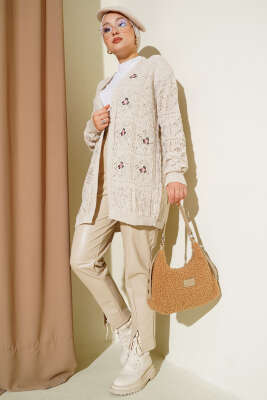 Çiçek Nakışlı Örgü Triko Hırka Taş - Hırka