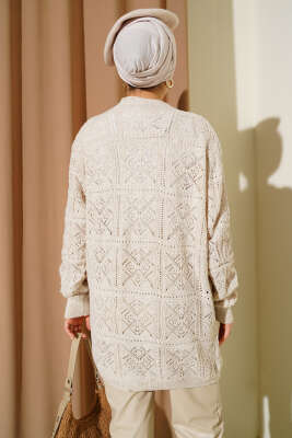 Çiçek Nakışlı Örgü Triko Hırka Taş - Hırka