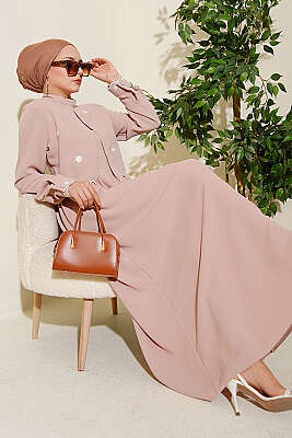 Çiçek Nakışlı Pelerinli Elbise Bej - ASMİN