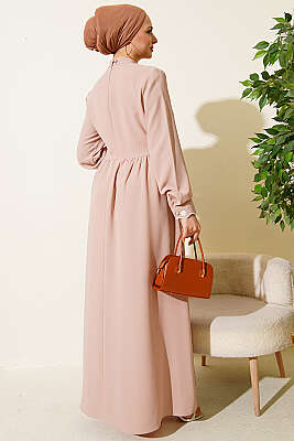 Çiçek Nakışlı Pelerinli Elbise Bej - Elbise