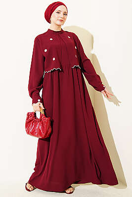 Çiçek Nakışlı Pelerinli Elbise Bordo - Elbise