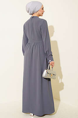 Çiçek Nakışlı Pelerinli Elbise Gri - Elbise