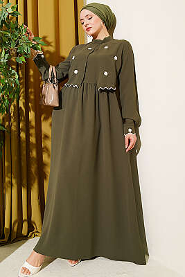 Çiçek Nakışlı Pelerinli Elbise Haki - ASMİN