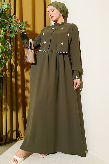 Çiçek Nakışlı Pelerinli Elbise Haki - Elbise