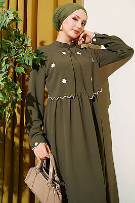 Çiçek Nakışlı Pelerinli Elbise Haki - Elbise