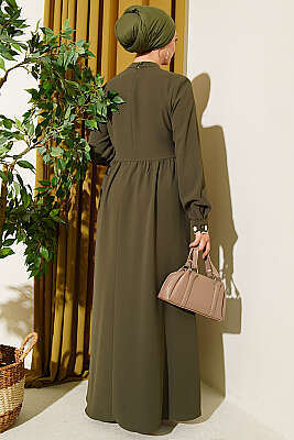 Çiçek Nakışlı Pelerinli Elbise Haki - Elbise