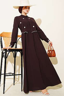 Çiçek Nakışlı Pelerinli Elbise Kahve - ASMİN