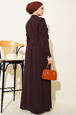 Çiçek Nakışlı Pelerinli Elbise Kahve - Elbise