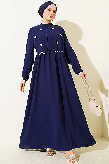 Çiçek Nakışlı Pelerinli Elbise Lacivert - Elbise