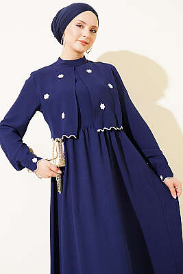 Çiçek Nakışlı Pelerinli Elbise Lacivert - Elbise