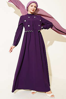 Çiçek Nakışlı Pelerinli Elbise Mor - ASMİN