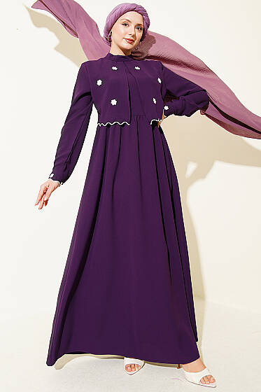 Çiçek Nakışlı Pelerinli Elbise Mor - Elbise