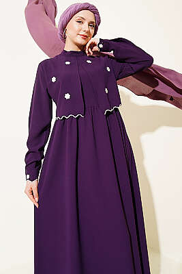 Çiçek Nakışlı Pelerinli Elbise Mor - Elbise