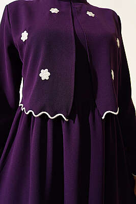 Çiçek Nakışlı Pelerinli Elbise Mor - Elbise