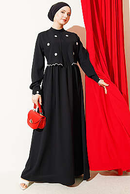 Çiçek Nakışlı Pelerinli Elbise Siyah - Elbise