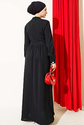 Çiçek Nakışlı Pelerinli Elbise Siyah - Elbise