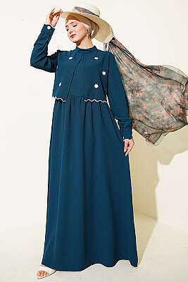 Çiçek Nakışlı Pelerinli Elbise Zümrüt 