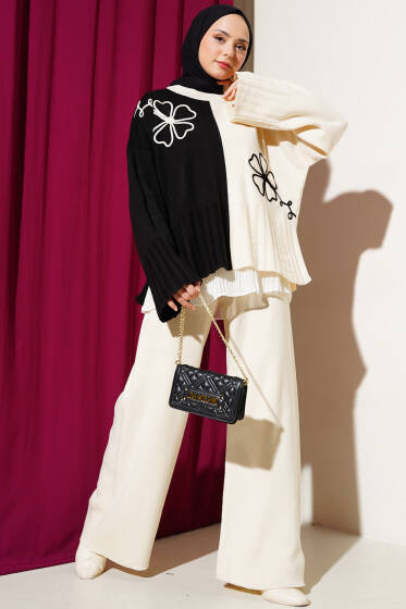 Çiçek Nakışlı Salaş Triko İkili Takım Bej - İkili Takım