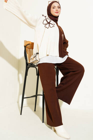 Çiçek Nakışlı Salaş Triko İkili Takım Kahve - İkili Takım