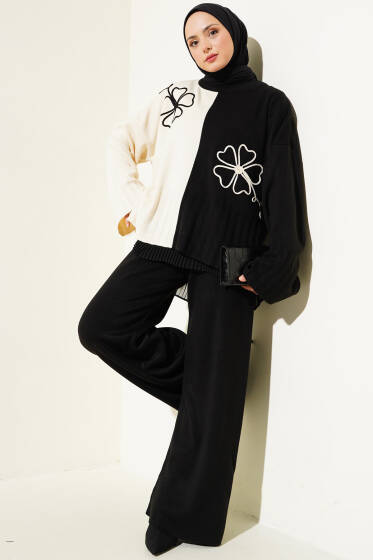 Çiçek Nakışlı Salaş Triko İkili Takım Siyah - İkili Takım