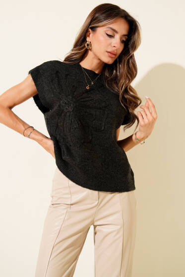 Çiçek Nakışlı Triko Süveter Antrasit - Kadın Giyim Modelleri