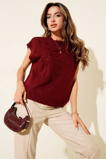 Çiçek Nakışlı Triko Süveter Bordo - Kadın Giyim Modelleri