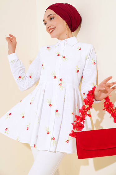 Çiçek Nakışlı Tunik Kırmızı - Tunik