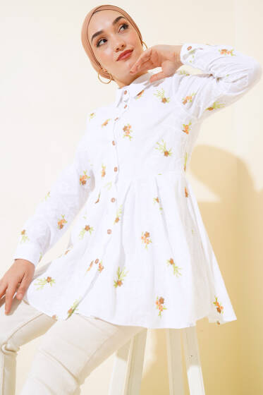 Çiçek Nakışlı Tunik Latte - Tunik