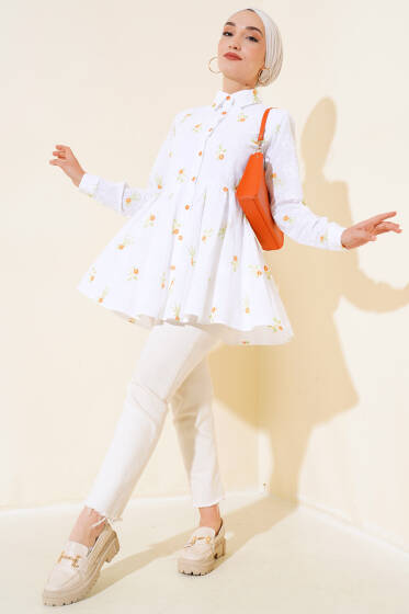 Çiçek Nakışlı Tunik Oranj - Tunik