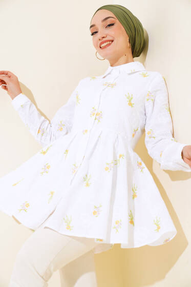 Çiçek Nakışlı Tunik Sarı - Tunik