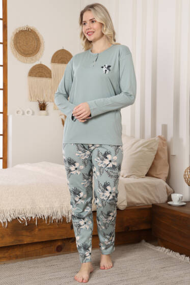 Çiçek Nakışlı Uzun Kol Pijama Takımı Mint - Pijama