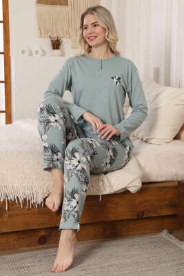 Çiçek Nakışlı Uzun Kol Pijama Takımı Mint - Pijama