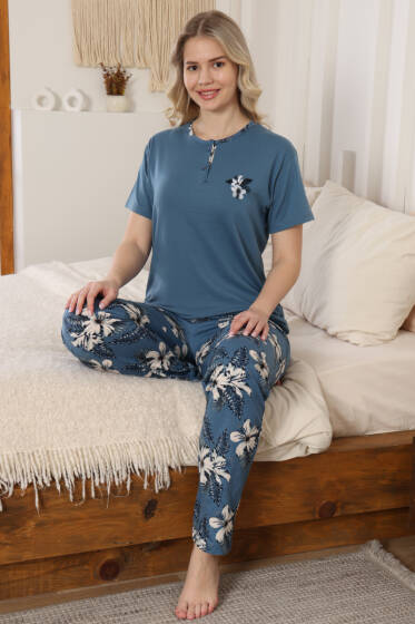 Çiçek Nakışlı Uzun Kol Pijama Takımı Petrol - Pijama