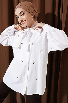 Çiçek Nakışlı Yakası Bağlamalı Gömlek Beyaz - TABLO FASHİON