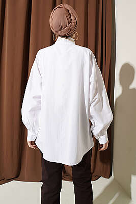 Çiçek Nakışlı Yakası Bağlamalı Gömlek Beyaz - Gömlek