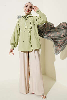 Çiçek Nakışlı Yakası Bağlamalı Gömlek Çağla Yeşili - Gömlek