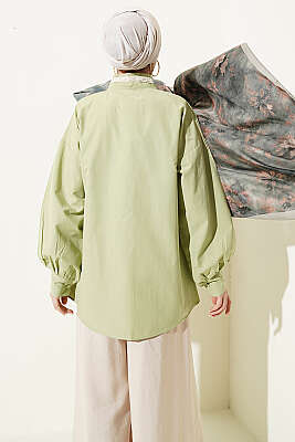 Çiçek Nakışlı Yakası Bağlamalı Gömlek Çağla Yeşili - Gömlek