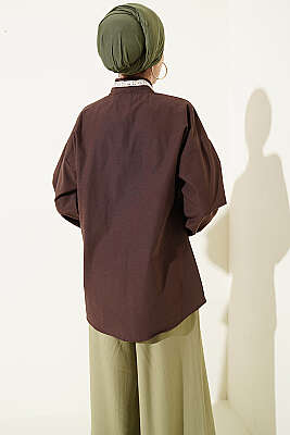 Çiçek Nakışlı Yakası Bağlamalı Gömlek Kahve - Gömlek